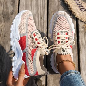 Flyknit Mesh Shoes Women's Breathable Lace-up Sneakers Walking Running Casual Shoes (Option: Khaki Red Gray-36)