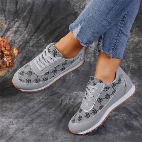 Flower Print Lace-up Sneakers Casual Fashion Lightweight Breathable Walking Running Sports Shoes Women Flats (Option: Grey-Size35)