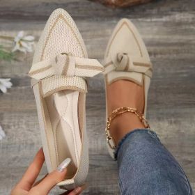 Fashion Pointed Toe Bow Flat Shoes For Women Lying Woven Slip-on Breathable Shoes Summer (Option: Milky White-Size36)