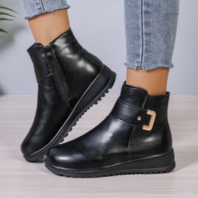 Winter Fleece Boots With Side Zipper Design Fashion Simple Non-slip Ankle Boots For Women Warm Pu Leather Shoes (Option: Black Hair-Size35)