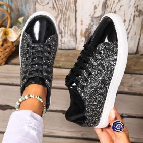 Plus Size Sequined Front Lace-up Solid Color Plus Size Board Shoes (Option: Black-36)