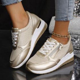 Women's Lace-up Casual Shoes FFashion Side Zipper Design Thick-soled Shoes Walking Running Sports Sneakers (Option: Gold-37)