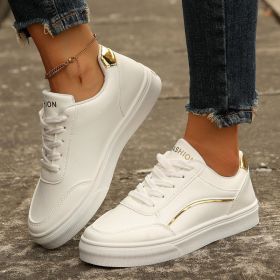 Lace-up White Flats Shoes Fashion Round Toe Slip-on Thick Sole Casual Shoes For Women (Option: Gold-Size36)
