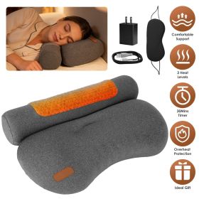 USB Heated Neck Pillow Zero Pressure Memory Foam Cervical Neck Pillow Heated Bed Pillow with Eye Mask Adapter for Pain Relief (Color: Grey)