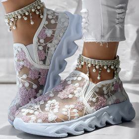 Contrast Glitter Transparent Mesh Patch Breathable Sneakers - Without Ankle Strap (Option: US 7)