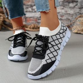 Colorblock Plaid Lace-Up Flyknit Sneakers Ins Mesh Casual Shoes Fashion Breathable Walking Running Sports Shoes For Women (Option: Black-36)